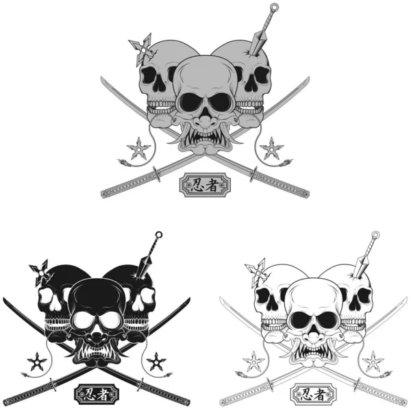 日本の面を持つ忍者の頭蓋骨のベクトルデザイン般若 手裏剣と2刀 グレースケール 黒と白 — ストックベクタ