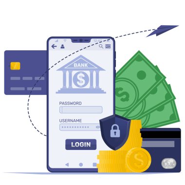 Bankacılık uygulaması ile mobil vektör tasarımı, hızlı ve güvenli para transferi uygulaması, nakit çekilmesi ve kart ödemesi için mobil uygulama