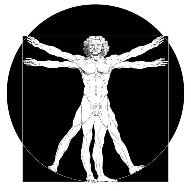 Vitruvian Man 'in Vektör Tasarımı Orijinal eseri Leonardo da Vinci Siyah beyaz