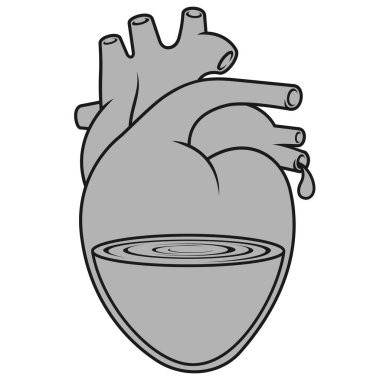 Kalp şeklindeki bir konteynırın teknik gri tonlu çizimi. Cam yapısını ve sıvı hacmini vurgulayan kalın ve tanımlı bir dış vuruş özelliği.