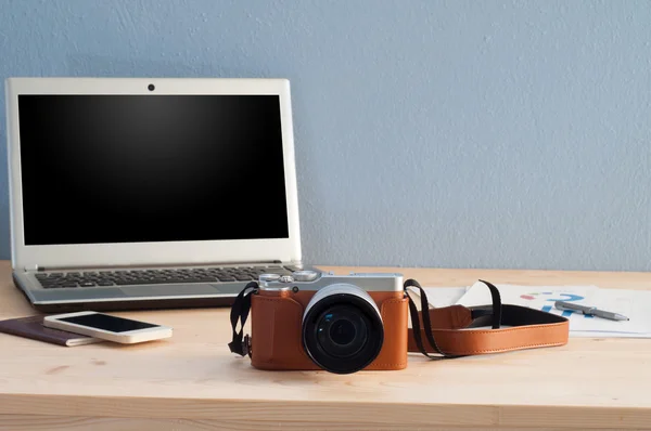 Office Desk with Camera and Office equipment Notebook, Cell Phon — Stock Photo, Image