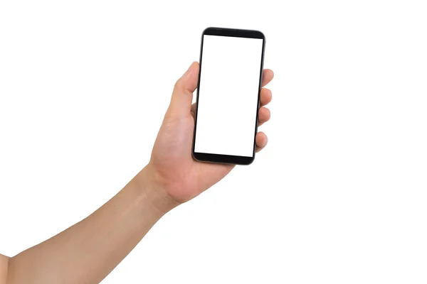 Left hand holding white blank on screen cell phone. Stock Photo