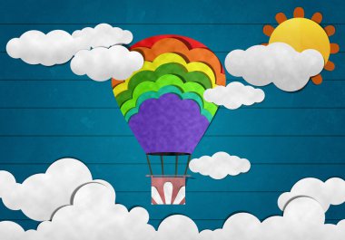 kağıt kesme, büyük güneş ve ahşap arka plan üzerinde renkli balon