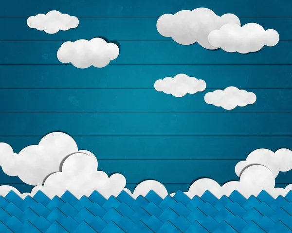 Papier knippen, zee en wolken op houten achtergrond — Stockfoto