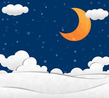 Snow in night Sky and Crescent Moon clipart