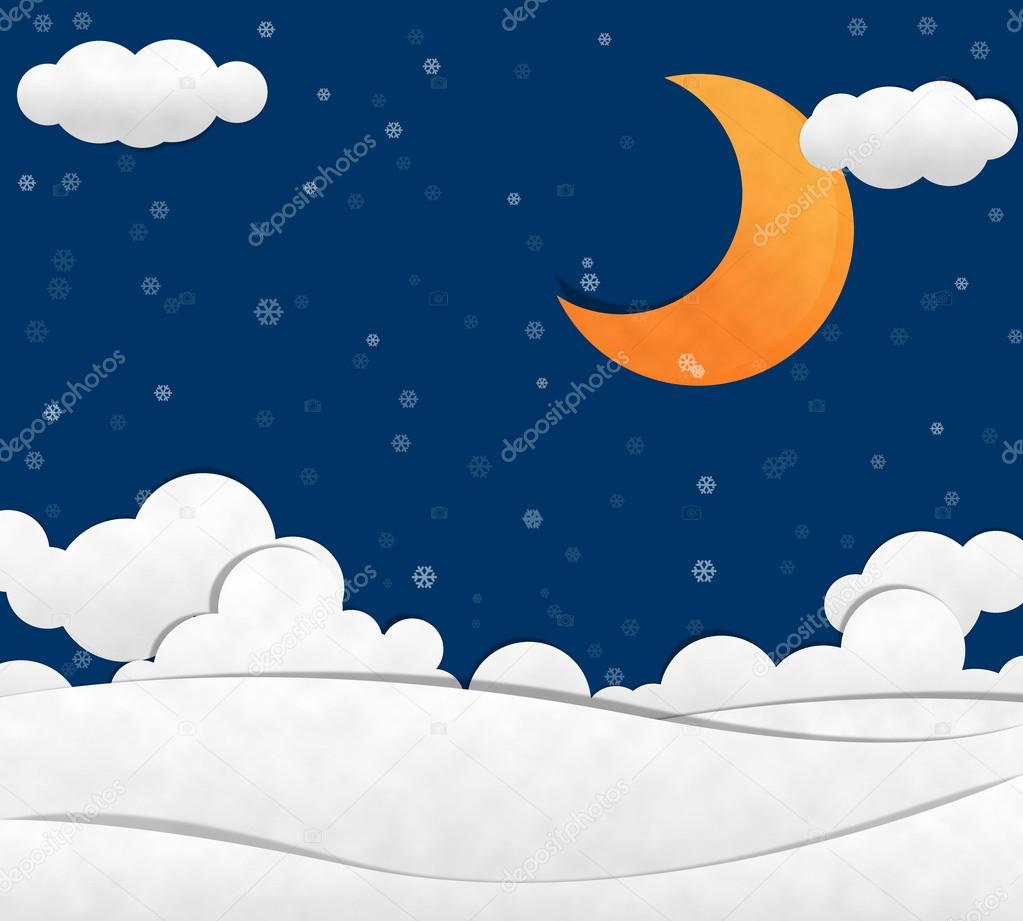 Snow in night Sky and Crescent Moon
