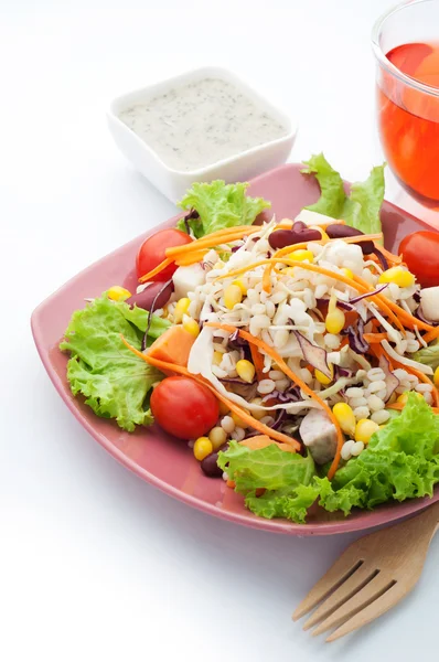 Salada de legumes e suco. Comida vegetariana em fundo branco . — Fotografia de Stock