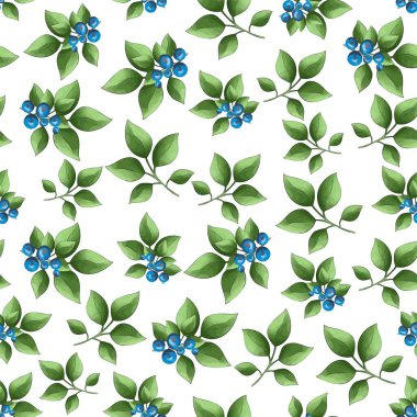 Yeşil yapraklı, yaban mersini ve rovan dallı kusursuz desen.