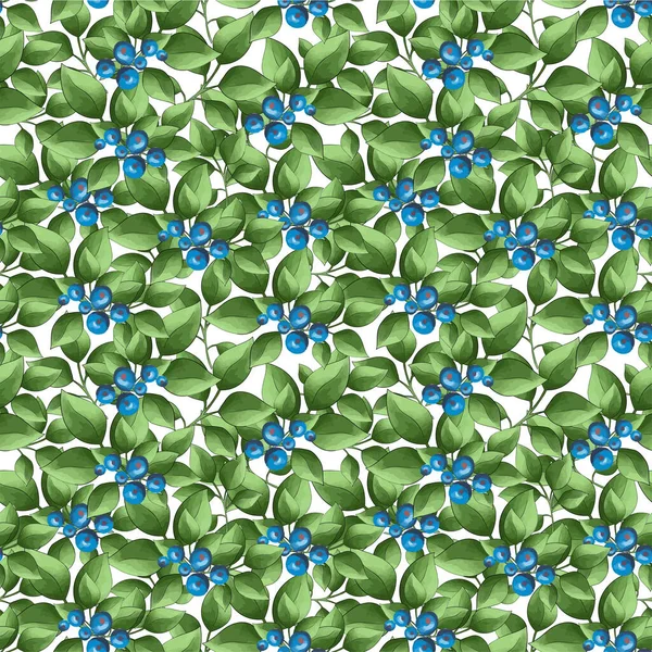 Nahtloses Muster mit grünen Blättern, Blaubeer- und Vogelbeerzweigen — Stockvektor