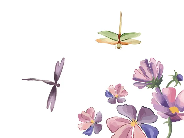 白の上に虹彩の花とトンボとベクトルヴィンテージ植物の国境. — ストックベクタ