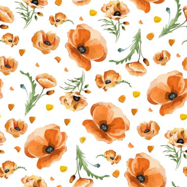 Tarla çiçekleri ve otlarla renksiz bir arka plan. Elle boyanmış haşhaş deseni.