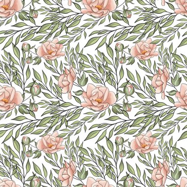 Yeşil tarzda kusursuz bir desen. Klasik gül deseni. Geriye elementler bırakır. Duvar kağıdı, ambalaj kağıdı, tekstil için kullanılır.