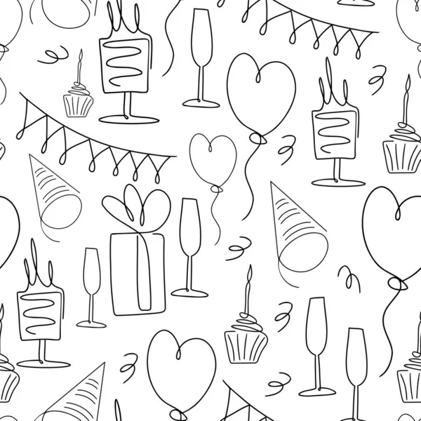 Nahtloses Muster Geburtstagskritzelskizze Handgezeichneter Hintergrund Für Eine Party Urlaub Für — Stockvektor