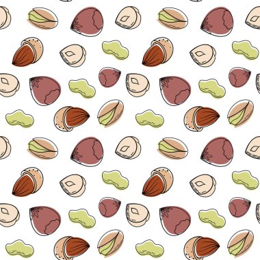 Şam fıstığı, fıstık, badem, macadamia, fındık manzaralı el çizimi çizimi kusursuz arkaplan deseni. Beyaz arkaplanda çeşitli fındıklı vektör çizimi