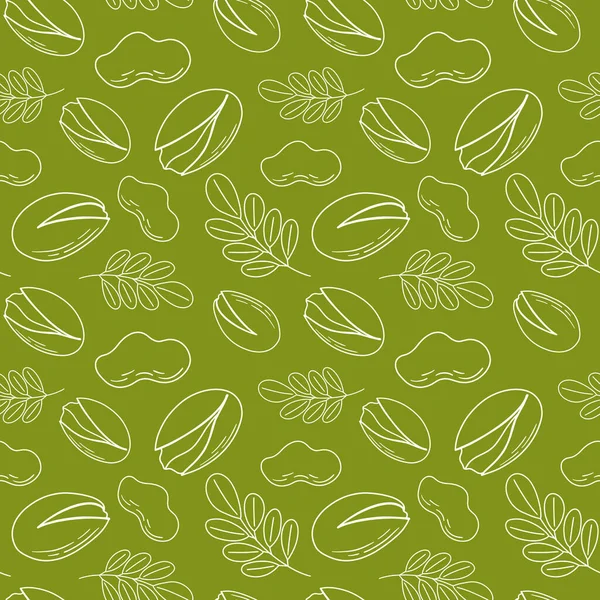 ピスタチオナッツを眺めながら シームレスな背景パターンの手描きスケッチイラスト 緑の背景にナッツのベクトルイラスト — ストックベクタ