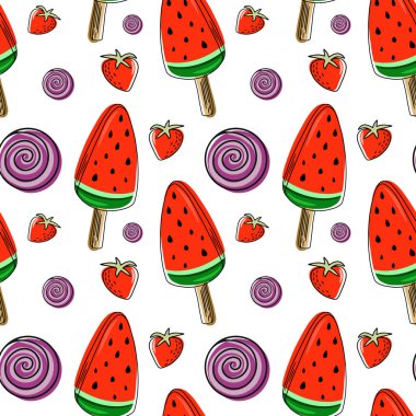 Karpuzlu, pürüzsüz bir arka plan. Çubukta karpuz. Vektör çizimi. Basit bir model. Yaz zamanı.