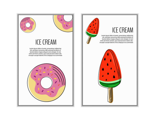 Set candy, ice cream flyers, banners. Collection of pages for kids menu,cafe,posters. Donuts, lollipop shop cards, cafeteria advertise.Template vector illustration.
