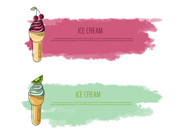 Summer Flyer with lettering and watercolor background. Vector illustration with cherry and kiwi ice cream. Sweet discounts