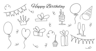 Beyaz arka planda izole edilmiş doğum günü karalama ikonları koleksiyonunuz kutlu olsun. Tebrik kartları ve davetiyeler için el çizimi doğum günü tasarımı ögeleri
