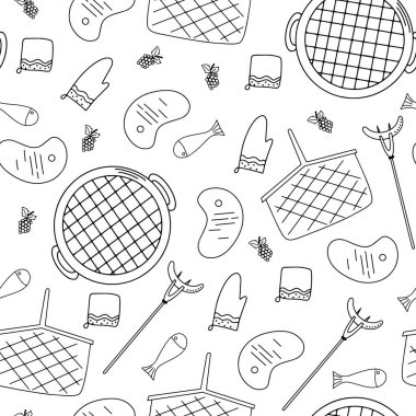 Barbekü, barbekü ve ızgaranın kusursuz deseni. Çizgi film tarzında piknik. Kafe, bar ve restoran menüsü için barbekü araçları koleksiyonu.