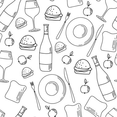 Barbekü, barbekü ve ızgaranın kusursuz deseni. Çizgi film tarzında piknik. Kafe, bar ve restoran menüsü için barbekü araçları koleksiyonu.