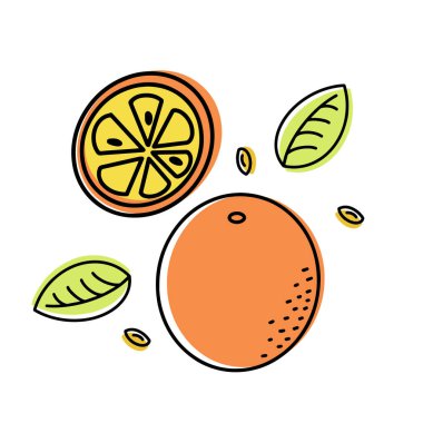 Turuncu meyve seti. Tüm tropik meyveler, yarısı soyulmuş ve yeşil yapraklar beyaz arka planda izole edilmiş. Çizgi film tarzında vektör illüstrasyonu. Düz tasarım. 