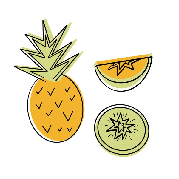 Ananas Frukt Set Hela Tropiska Frukter Hälften Skalade Och Gröna — Stock vektor