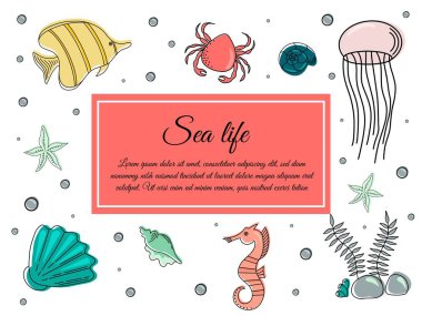 Renkli balıklı kart. Vektör İllüstrasyonu. Deniz Yaşamı Çizimleri için Tebrik Kartı Tasarımı. Posterler, Kartlar, Pankartlar, Moda