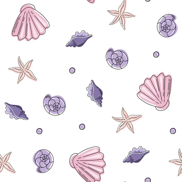 Patrón Sin Costuras Con Conchas Marinas Corales Estrellas Mar Peces — Vector de stock