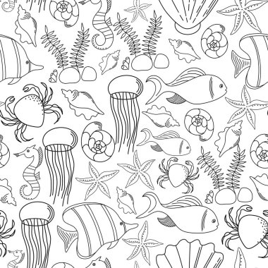 Elle çizilmiş doğal elementler. Resif mercanlarında pürüzsüz desen. Deniz dibi monokrom dokusu. Vektör çizimi. Okyanus vektörü kusursuz desen. Yetişkinler ve çocuklar için boyama kitabı tasarımı