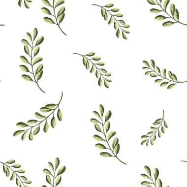 Yeşil yapraklı kusursuz desen, eski suluboya tarzında vektör illüstrasyonu.