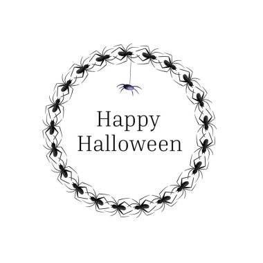 Cadılar Bayramı çelenk vektör illüstrasyonu. Mutlu Cadılar Bayramı tebrik kartları. Gözü, örümcekleri ve örümcek ağlarıyla süslü bir çelenk. Metin için yeri olan suluboya tüyleri