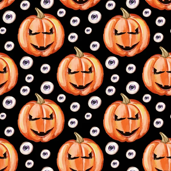 Vector Halloween Seamless Pattern Black Icons Eyes Feathers Mushrooms Pumpkins — Stock Vector