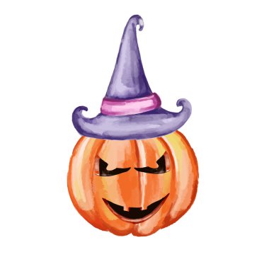 Mutlu Cadılar Bayramı tasarım unsurları. Tasarım elemanları, logolar, rozetler, etiketler, simgeler ve nesneler. Şapkalı suluboya balkabağı.