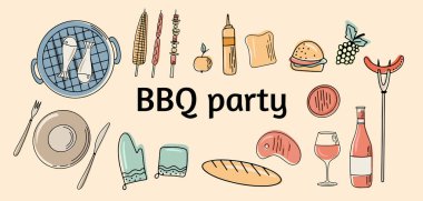 Izgara elle çizilmiş elementler beyaz arka planda izole edildi. Lokanta ve kafelerin tasarımı için, ızgara yemek temasıyla ilgili mağaza pencereleri.