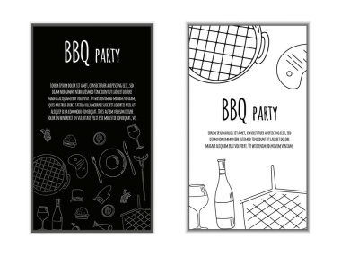 Çizim nesneleriyle piknik barbeküsü dikey afişleri. Dekoratif metin etrafında elle çizilmiş barbekü ögeleri.