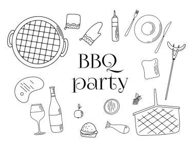 Izgara elle çizilmiş elementler beyaz arka planda izole edildi. Lokanta ve kafelerin tasarımı için, ızgara yemek temasıyla ilgili mağaza pencereleri.