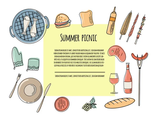 Einladungskarte für Picknickpartys. Sommerpicknick-Design, Einladungskarte, Banner, Plakatentwurf. Vektorillustration — Stockvektor