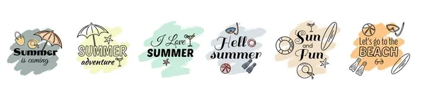 Ein Satz gezeichneter Sommerschilder und Banner. Vektorillustrationen für den Sommerurlaub, Reisebüro, Restaurant und Bar, Speisekarte, Meer und Sonne — Stockvektor