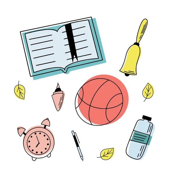Okul malzemelerinin vektörü. Kırtasiyeyle okul geçmişine dönüyorum. Vektör illüstrasyonu