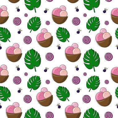 Tatlı, pürüzsüz desen. Dondurma ve buzlu şeker çizdim. Mönü tasarımı veya yemek paketlemesi için renkli şekilli mürekkep çizimi çizimi. Vektör illüstrasyonu