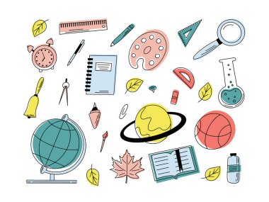 Okul malzemelerinin vektörü. Kırtasiyeyle okul geçmişine dönüyorum. Vektör illüstrasyonu