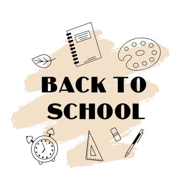 Okul satışı afişi, poster arkaplanı. El çizimi harfler ve desenli arka plandaki çok renkli kalemlerin karalamaları. İndirim etiketleri, el ilanları ve alışveriş için düzenleme.