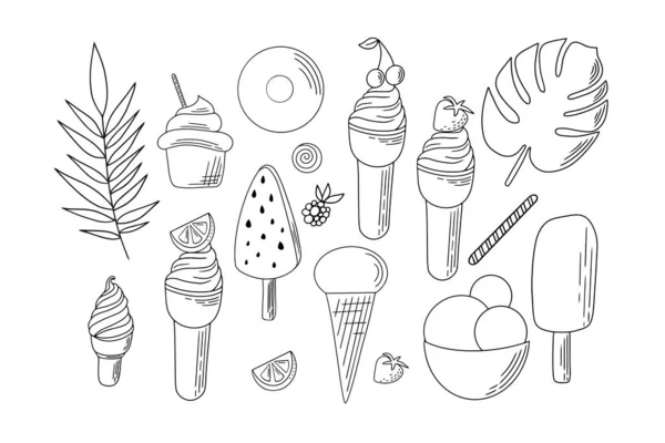 Kompletní Kolekce Karikatury Léto Lahodné Zmrzliny Plochém Stylu Vektorová Ilustrace — Stockový vektor