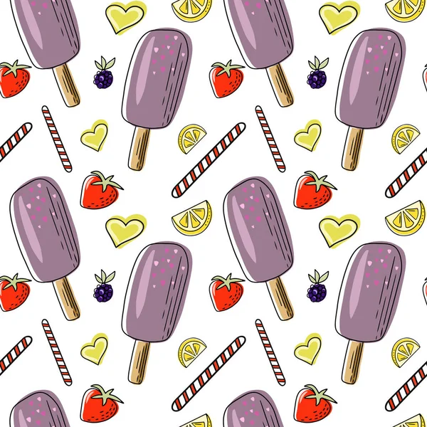 Süßes Dessert Nahtloses Muster Gezeichnetes Doodle Eis Und Eis Stiel — Stockvektor