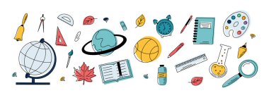 Okul malzemelerinin vektörü. Kırtasiyeyle okul geçmişine dönüyorum. Vektör illüstrasyonu