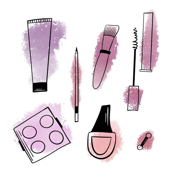 El conjunto de artículos de belleza y bienestar dibujados a mano. — Vector de stock