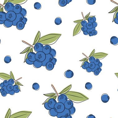 Elle çizilmiş yaban mersini dallarıyla vektörsüz desen. Güzel yiyecek ve doğa tasarım elementleri, parmak izi ve desenler için mükemmel.