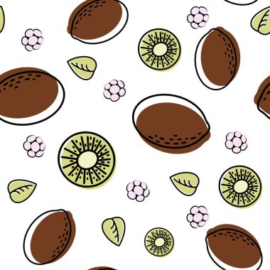 Kivi meyveli kusursuz bir desen. Tüm meyve ve dilimlerin vektör arkaplanı. Düz dizayn. Tekstil, ambalaj kağıdı, duvar kağıdı için ideal. Resim beyaza izole edildi. 