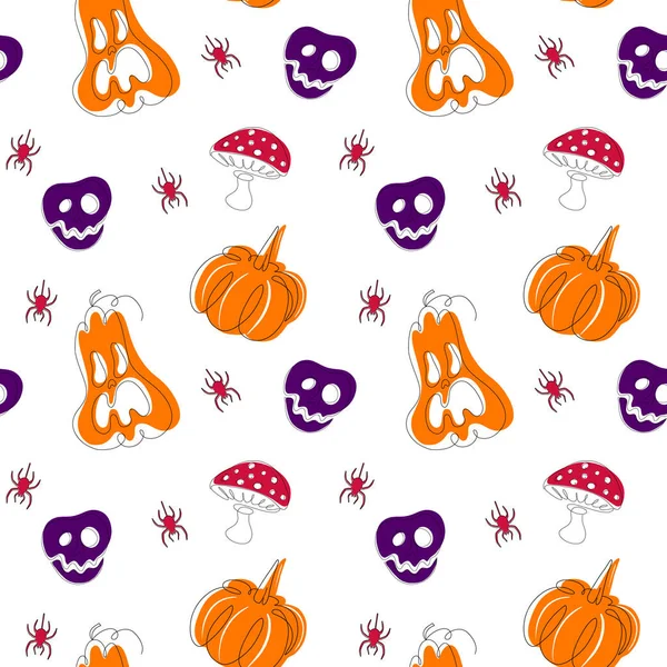 Vector Halloween Seamless Pattern Black Icons Skull Spider Web Pumpkins — Stock Vector